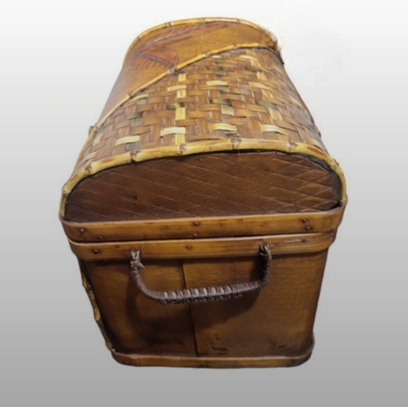 Vintage Woven Wood Copper Bamboo Handmade Basket Box Chest With Brass Latch - Picture 4 of 12